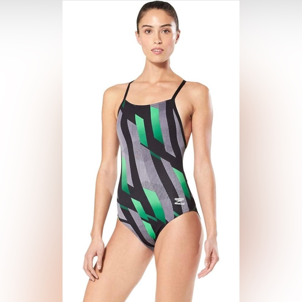 NWT Speedo Endurance+ Pinstripe Flight Flyback One Piece Swimsuit Women’s  28